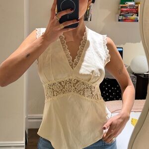 Lace-Trim V-Neck Cream Women's Top